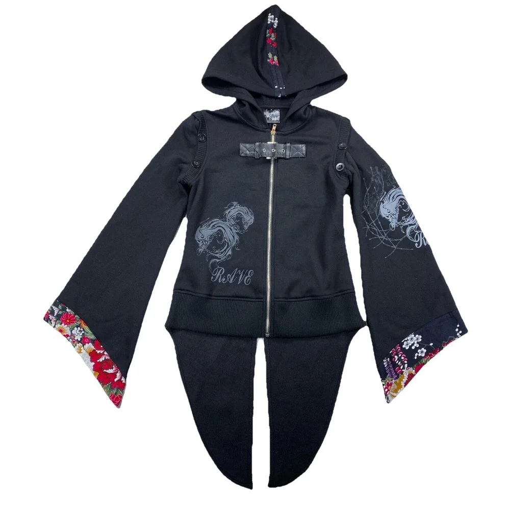 Punk Rave Women's Small Hoodie Tail Coat Floral Skulls Goth Full Zip Buckle - Picture 1 of 6